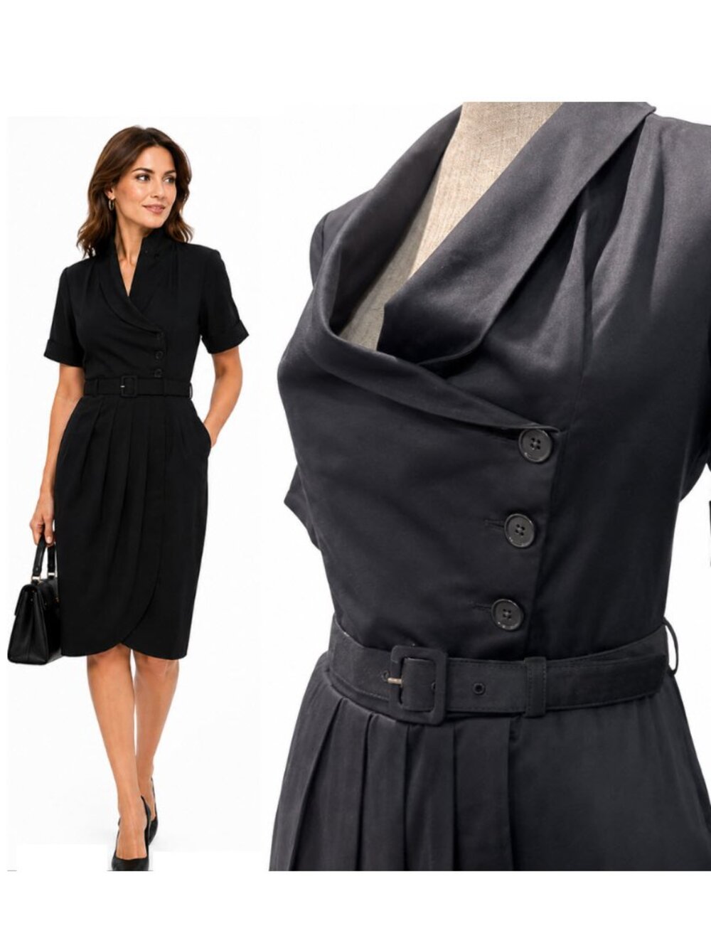 REISS Black Faux Wrap Midi Dress Mad Men Belted Cowl Collar 6 Career Chic